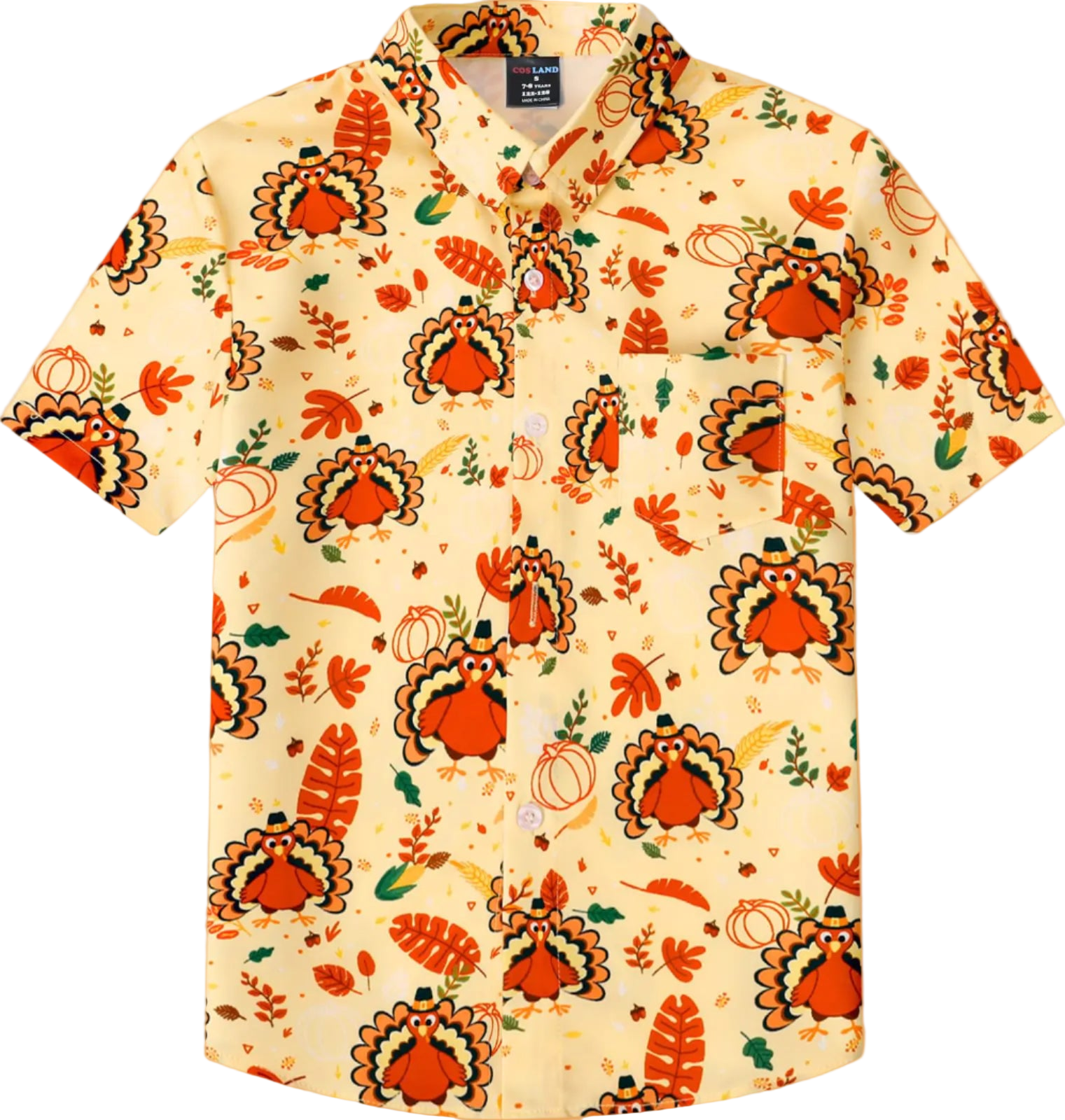 Beige shirt with Thanksgiving-themed turkey and leaf pattern on a white background