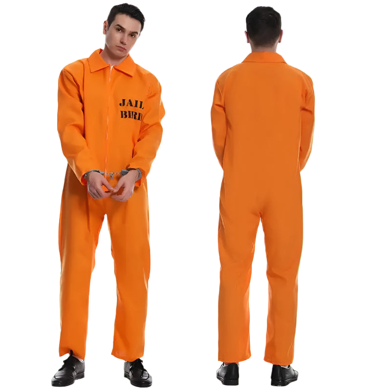 Orange jailbird costume with 'JAIL BIRD' text, front and back views on a white background.