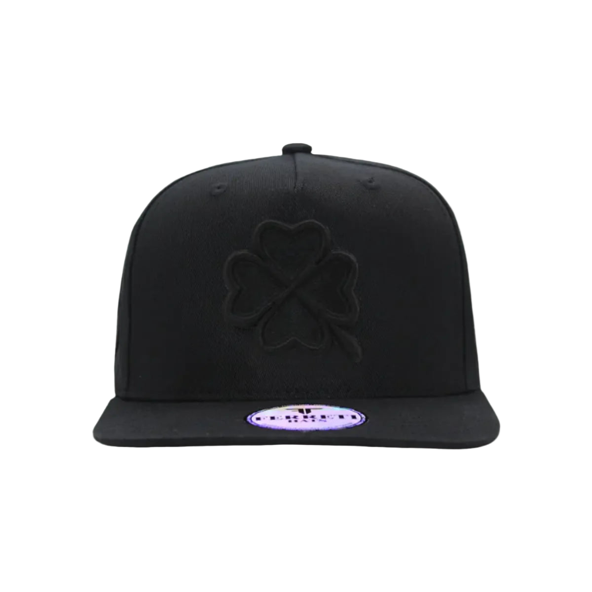 Black cap with a clover design on a white background