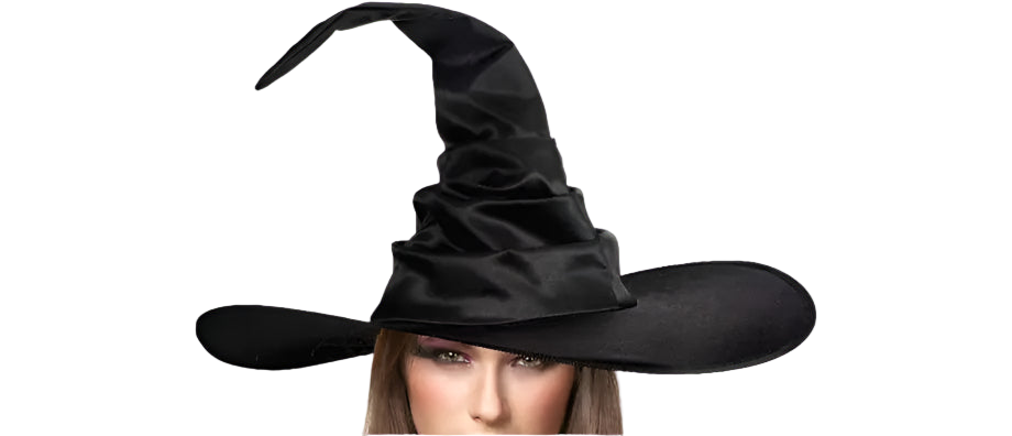 Woman wearing a black witch hat holding a carved pumpkin on a white background