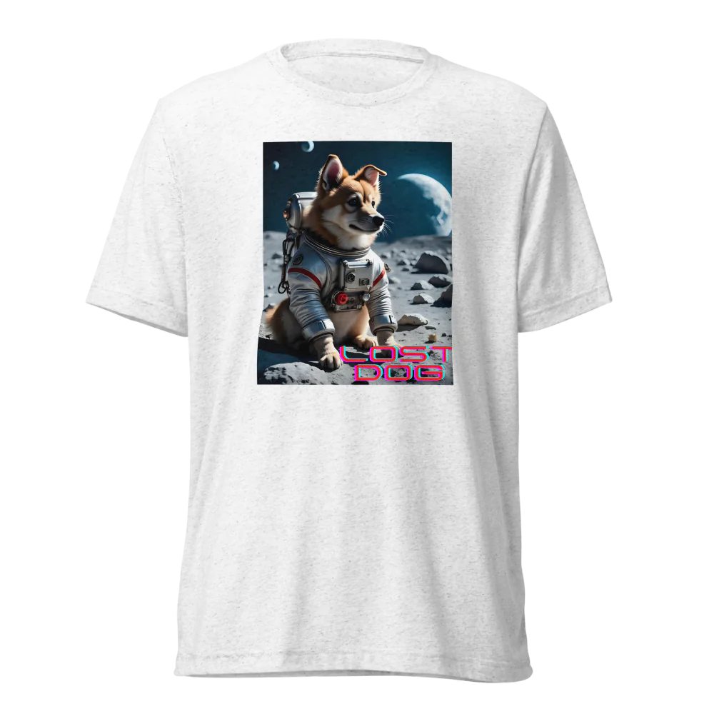 White t-shirt with a graphic of a dog in an astronaut suit on the moon, labeled 'Lost Dog'.