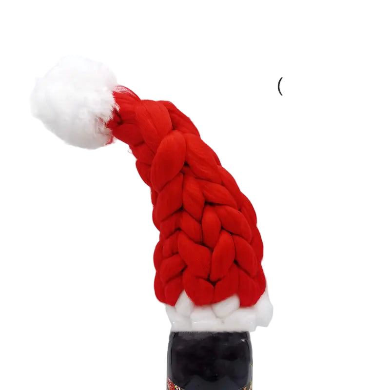 Red braided bottle cover with white trim on a gray background