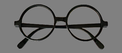 Round eyeglasses with black frame on a beige background
