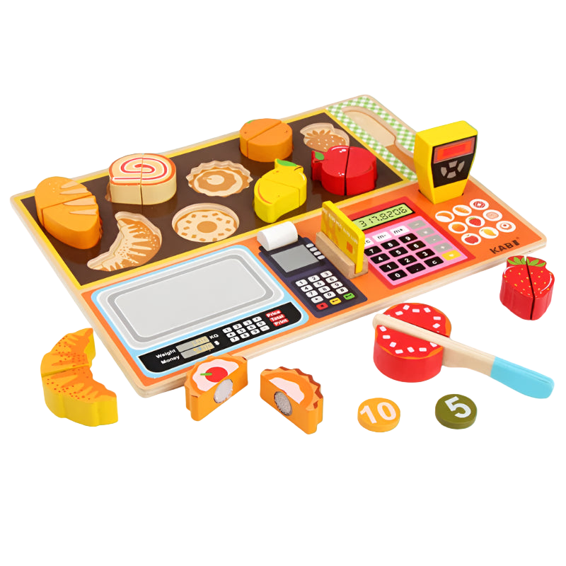 Toy cash register set with various food items on a white background