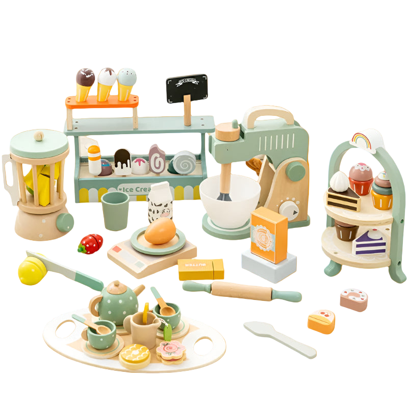 Collection of colorful wooden toys including a kitchen set and ice cream stand on a light surface.
