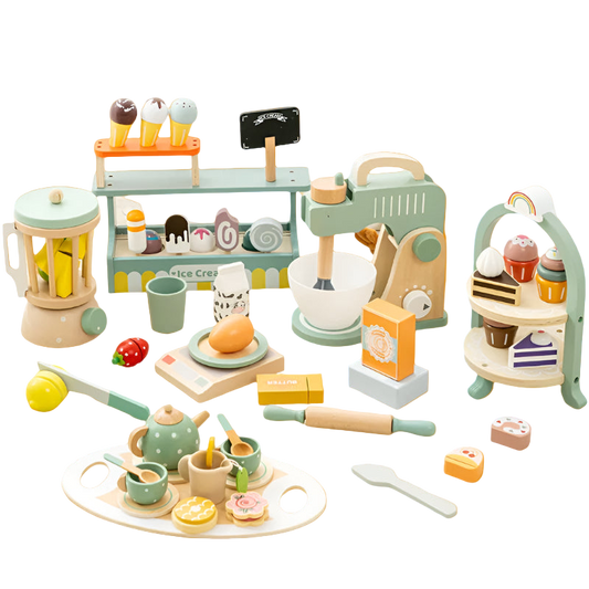 Collection of colorful wooden toys including a kitchen set and ice cream stand on a light surface.
