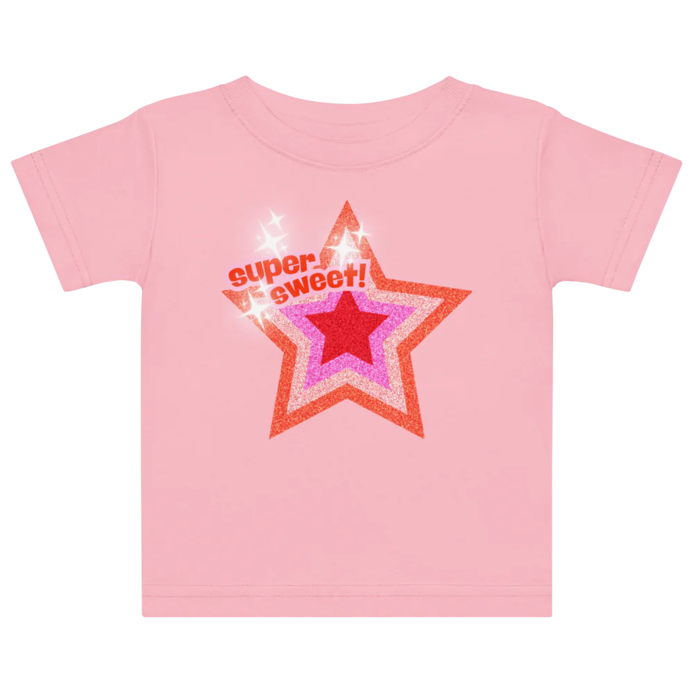 Pink t-shirt with a red star and 'super sweet!' text on a white background