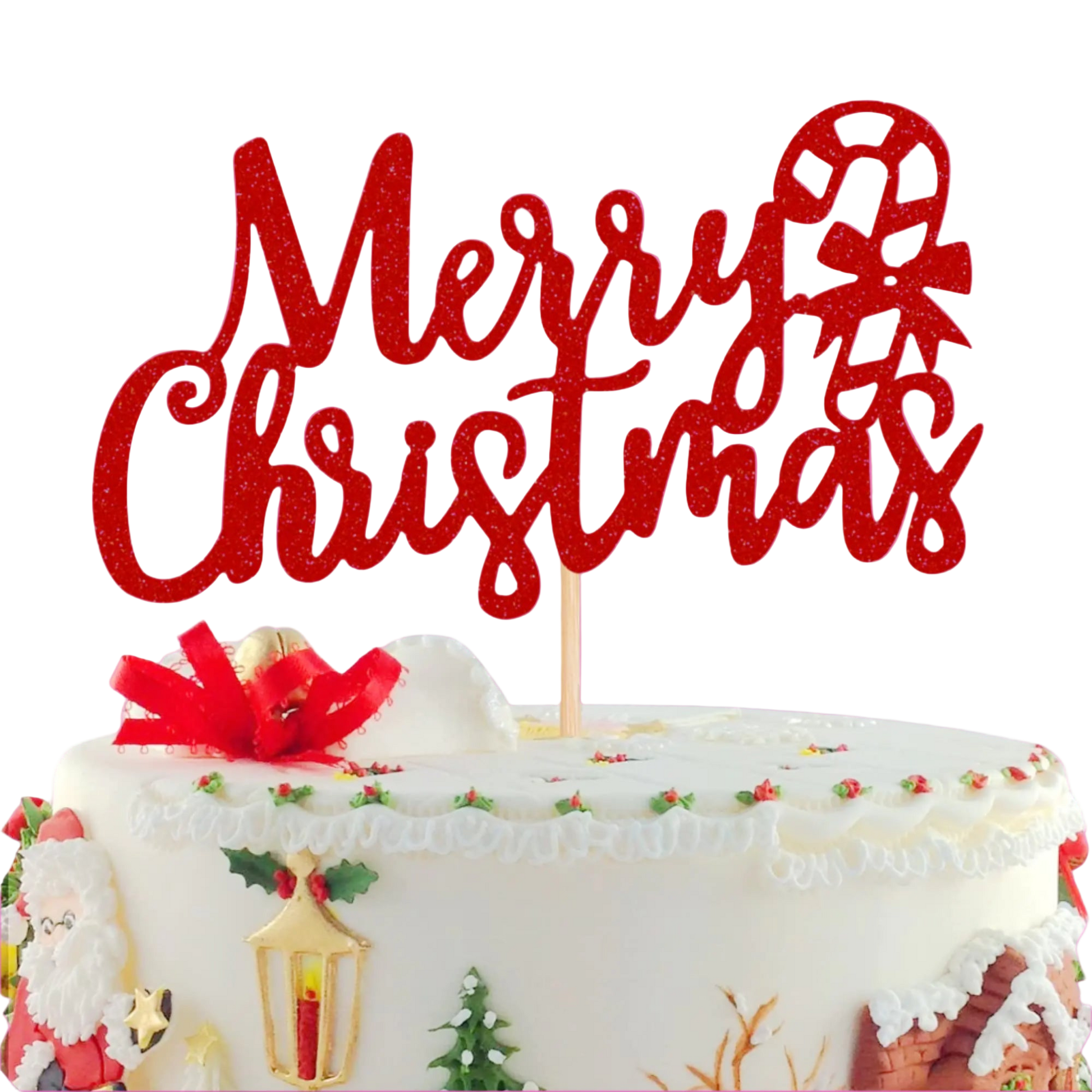 Decorative cake with 'Merry Christmas' topper on a white background