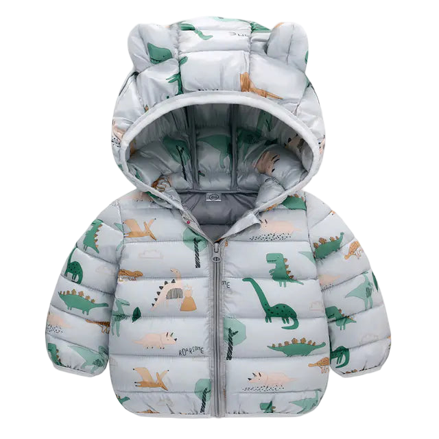 Children's puffer jacket with dinosaur pattern on a white background