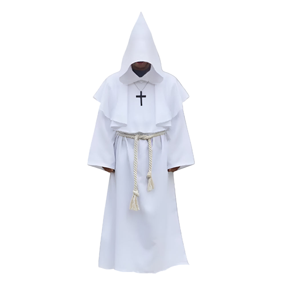 White hooded robe with a cross emblem on a white background