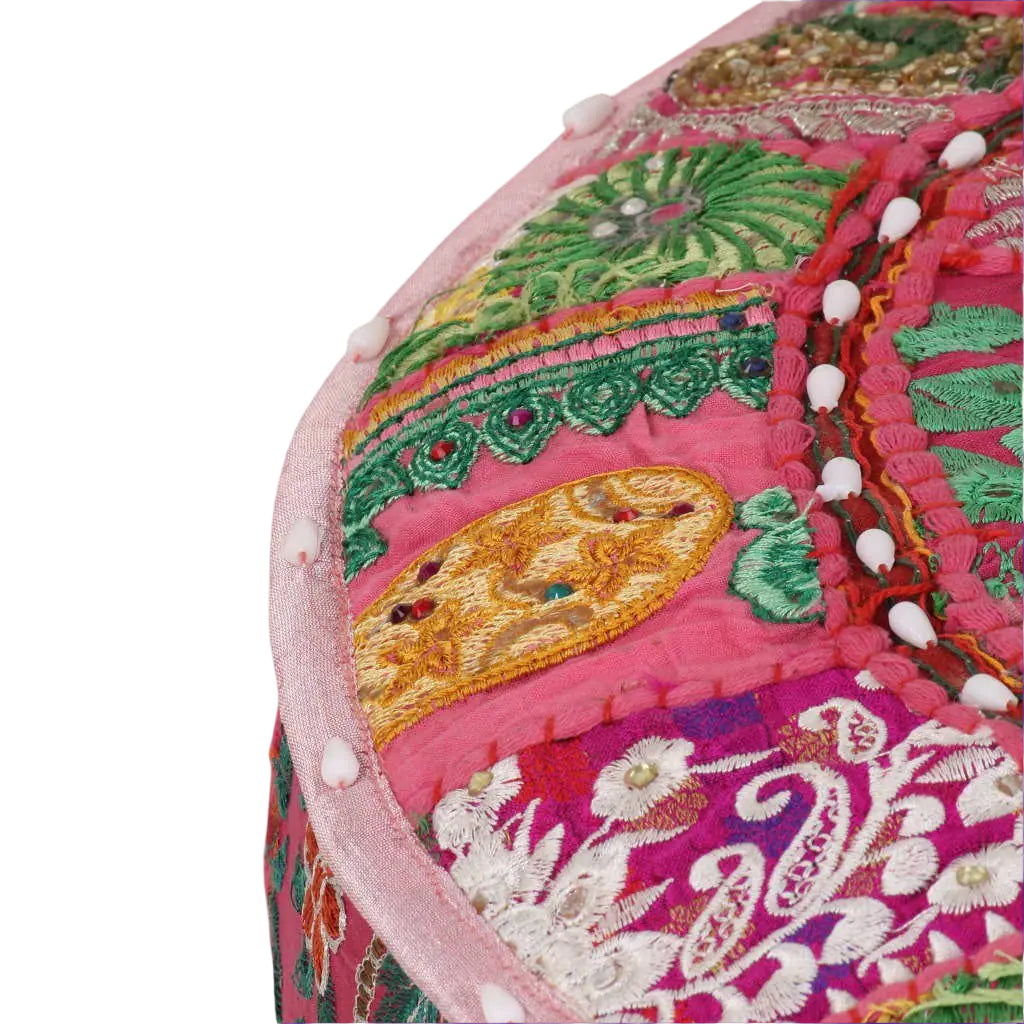 Close-up of a colorful embroidered fabric with intricate patterns on a white background