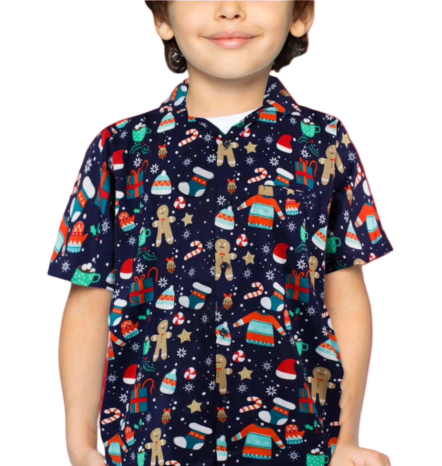 Child wearing a colorful patterned shirt with a white background
