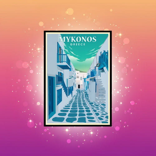 Poster of a street in Mykonos, Greece with blue and white architecture.