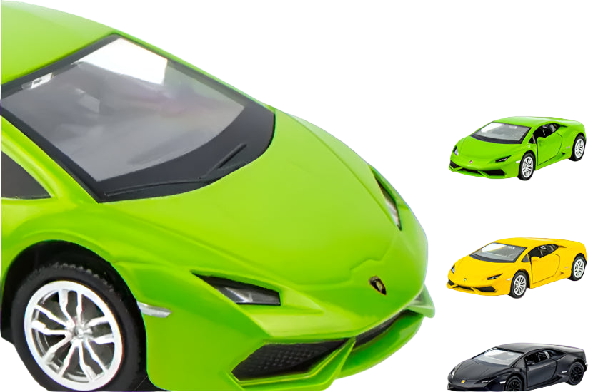 Green Lamborghini model car with other color variations on a white background