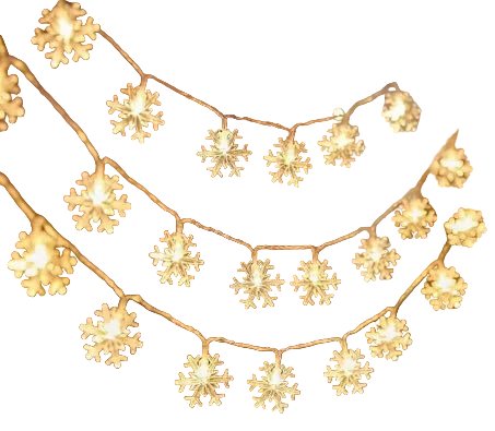 Snowflake string lights hanging in front of a fireplace and Christmas tree.