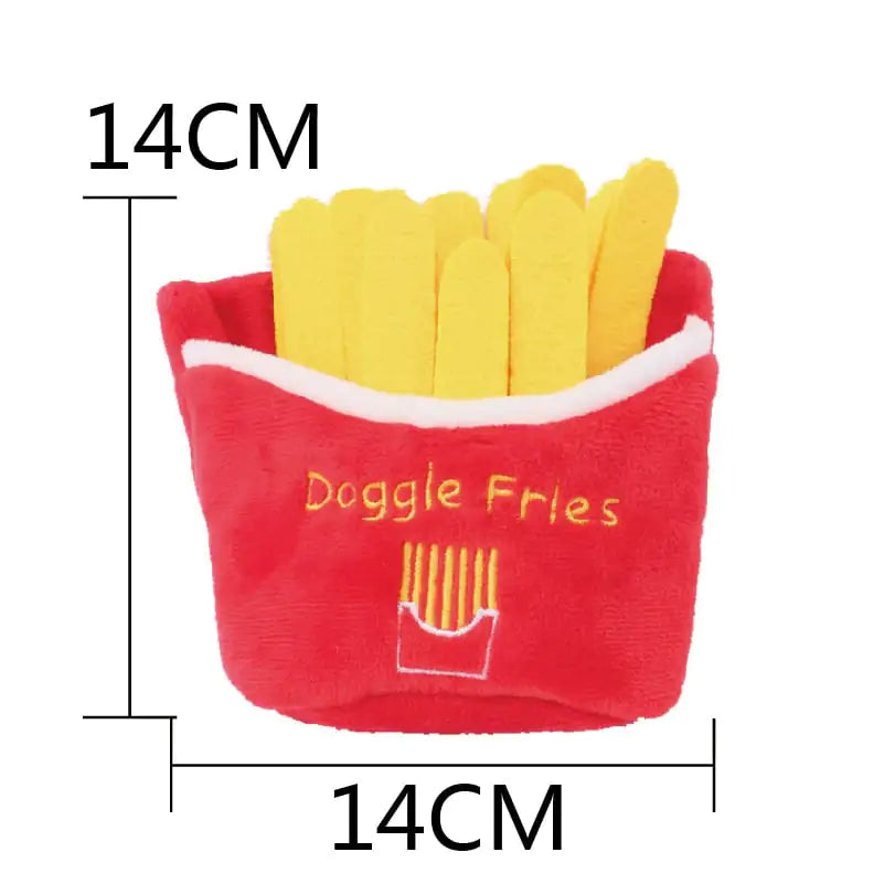 Red plush toy resembling a bag of dog treats with yellow 'Doggie Fries' text and dimensions indicated.