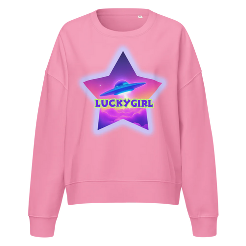 Pink sweatshirt with a star-shaped graphic and 'LUCKYGIRL' text on a white background