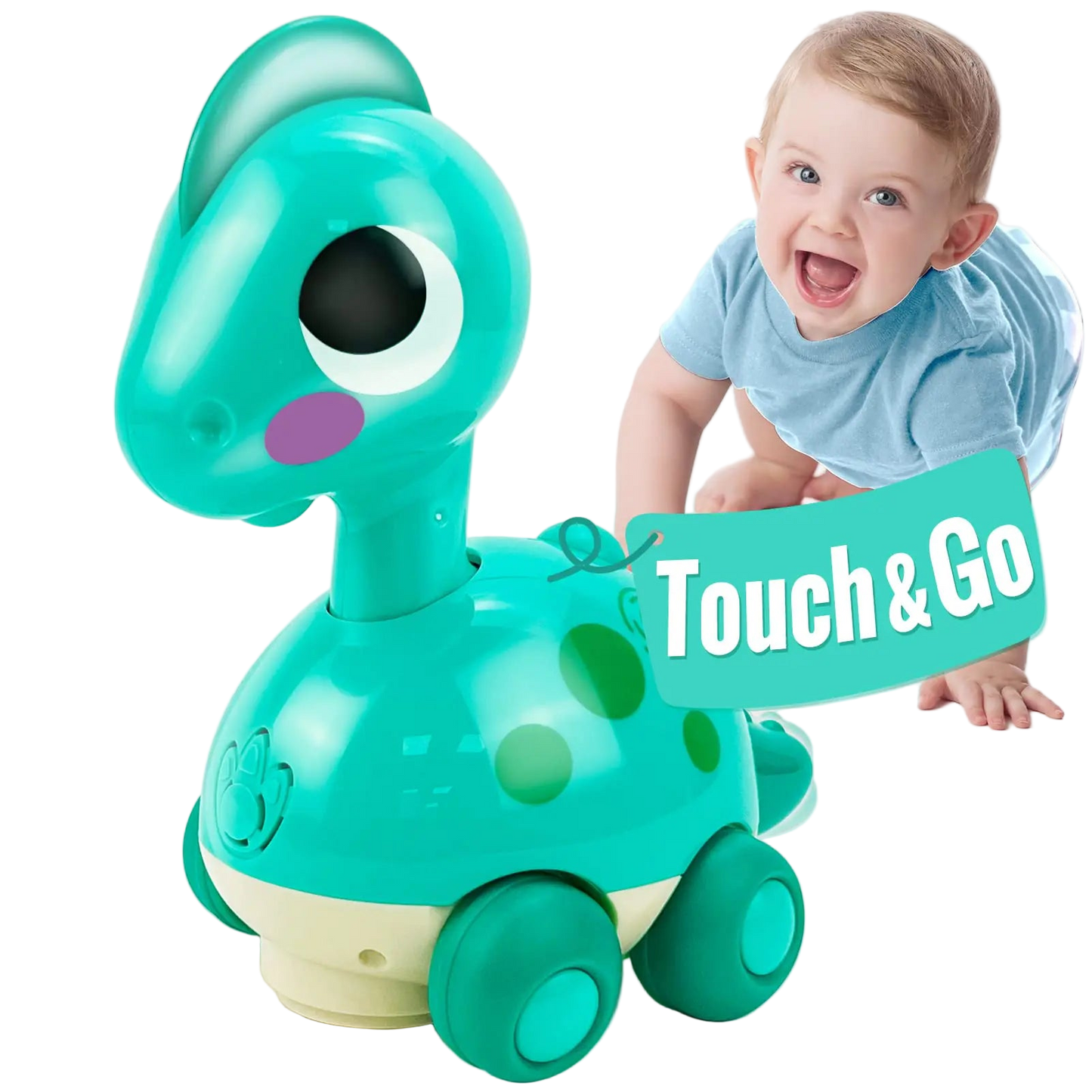 Toy dinosaur with 'Touch & Go' text next to a child