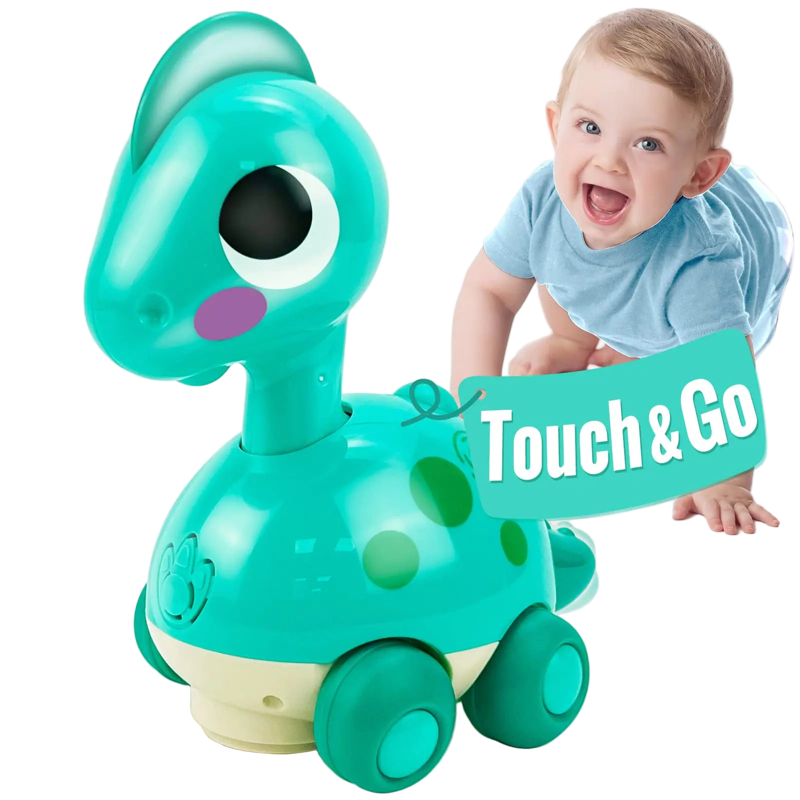 Toy dinosaur with 'Touch & Go' text next to a child