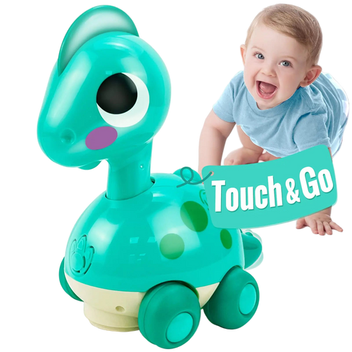 Toy dinosaur with 'Touch & Go' text next to a child