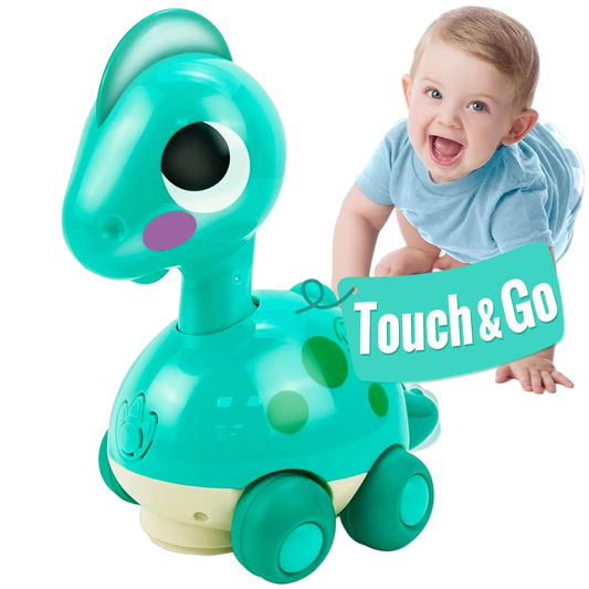 Toy dinosaur with 'Touch & Go' text next to a child