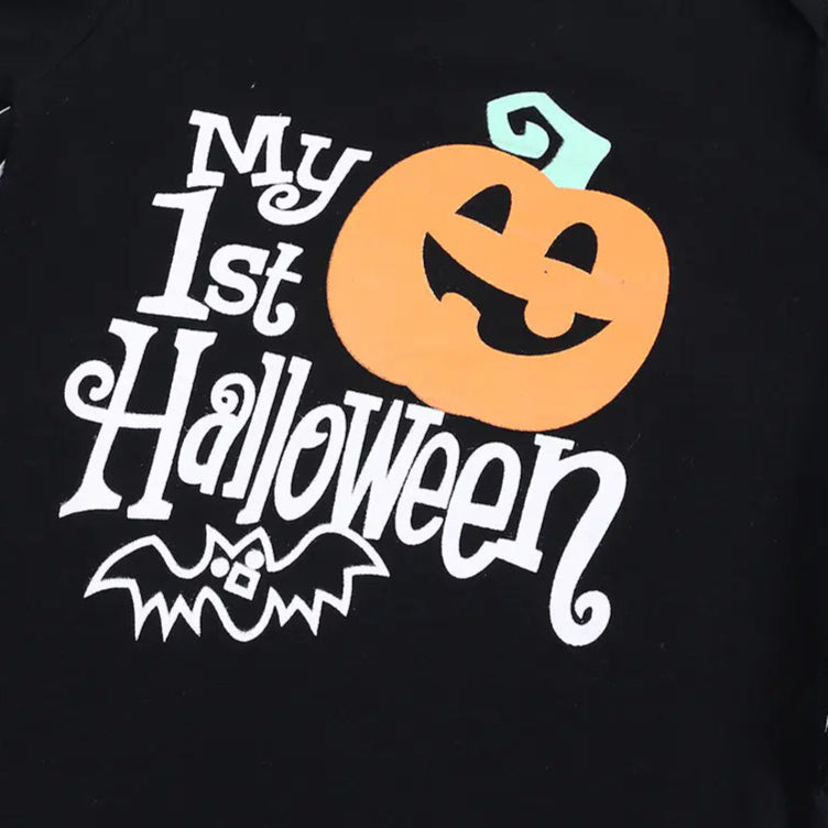 Black shirt with 'My 1st Halloween' design featuring a pumpkin and bat.