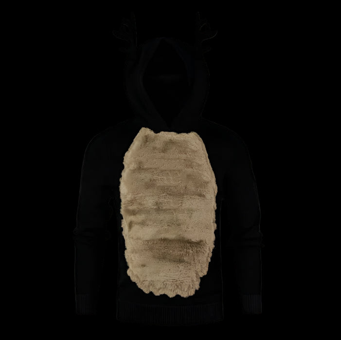 Black hoodie with reindeer antlers and a brown patch on a white background