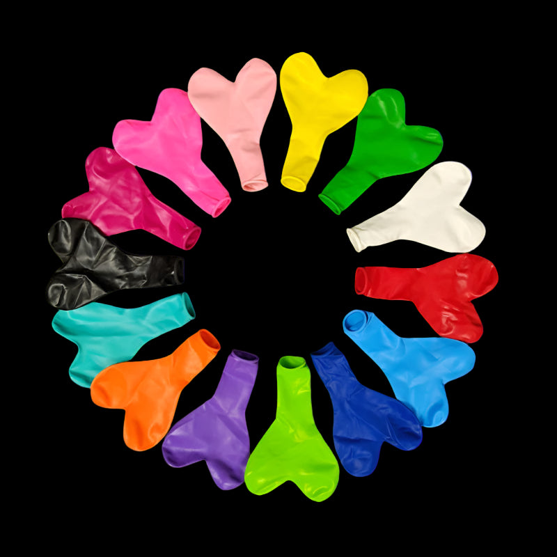 Colorful heart-shaped balloons arranged in a circular pattern on a dark background