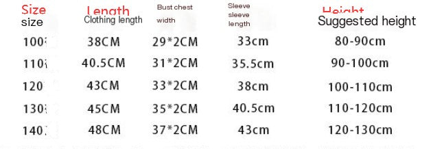 Size chart for clothing with dimensions and suggested heights.
