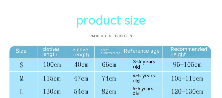 Product size chart for children's clothes with dimensions and recommended heights.