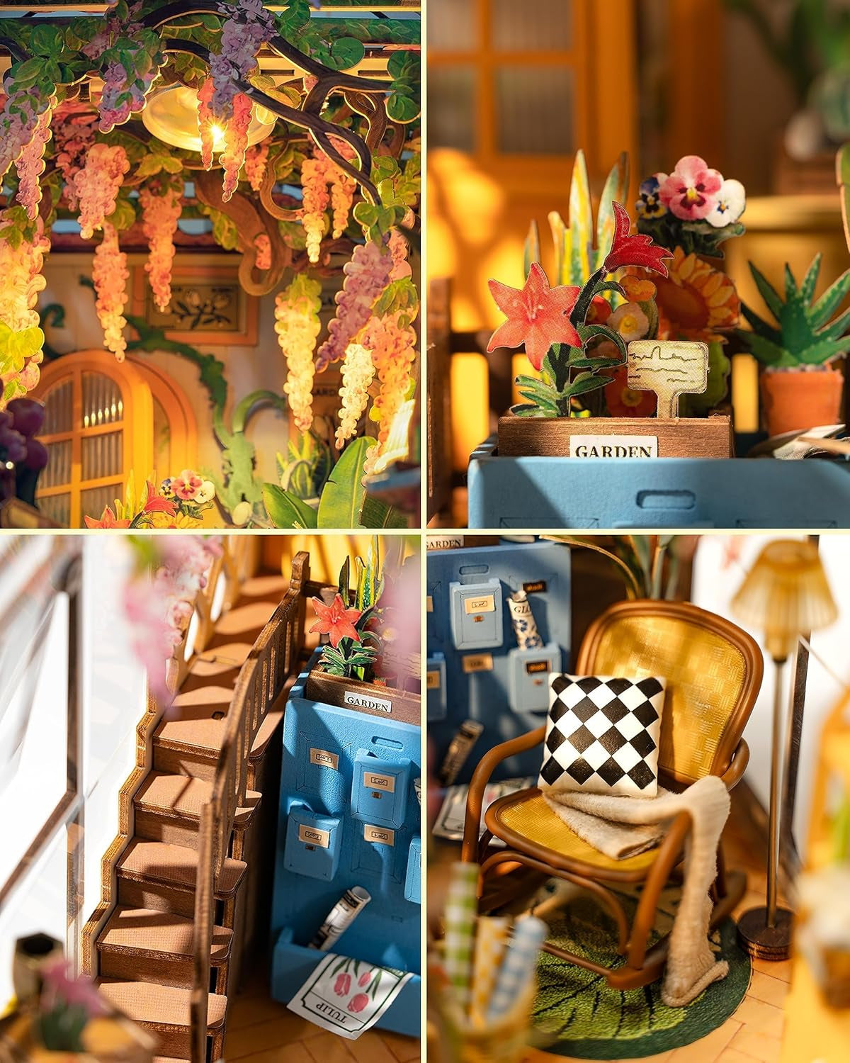 Collage of decorative items including a staircase, plants, and a chair with a checkered pillow.