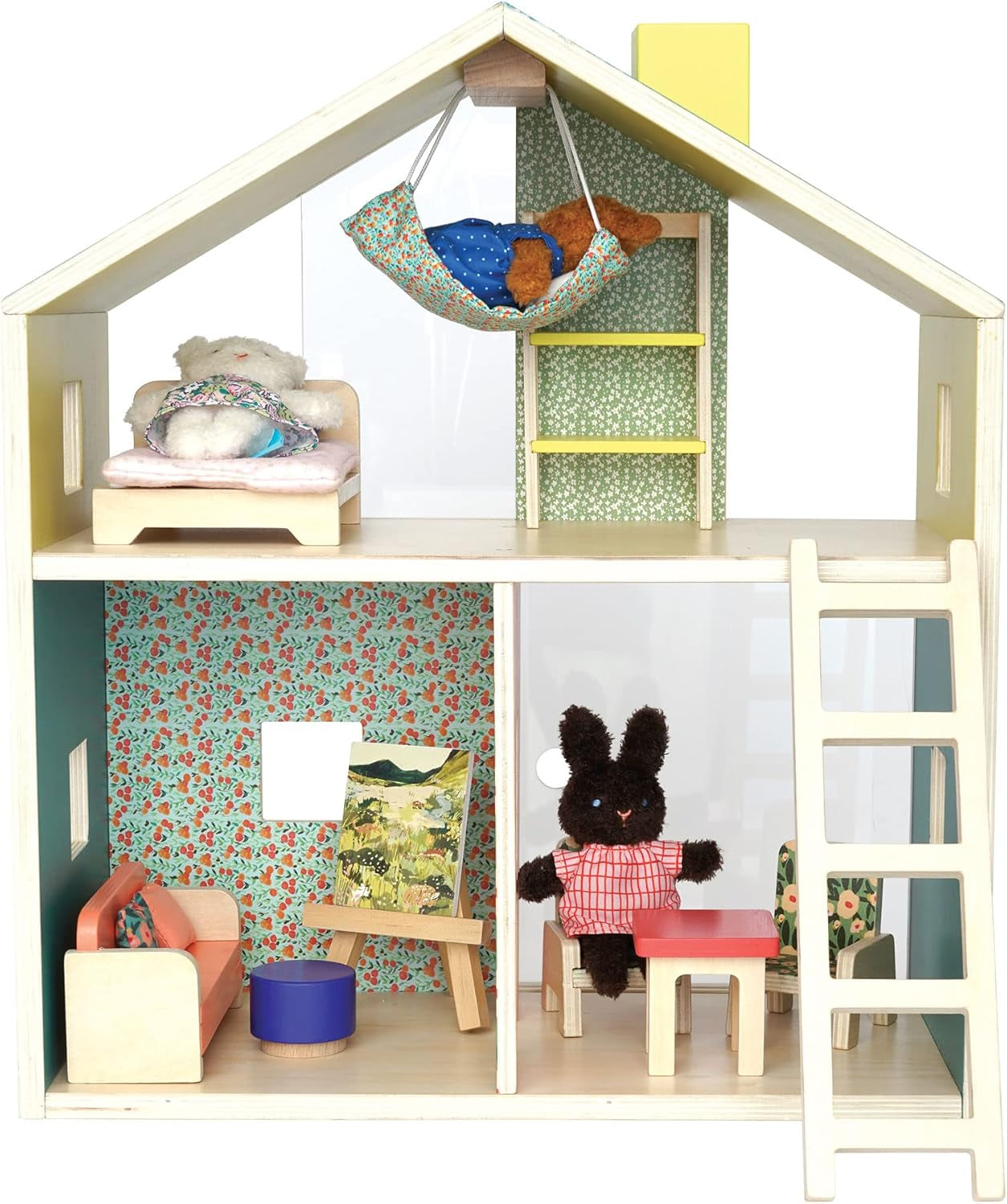 Wooden dollhouse with interior rooms and furniture, including a bed, shelves, and a living room.