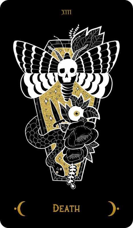 Card featuring a butterfly with a skull and floral design on a black background