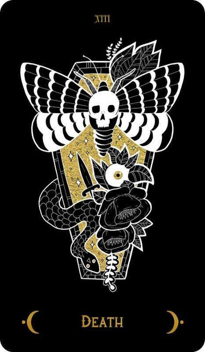 Card featuring a butterfly with a skull and floral design on a black background