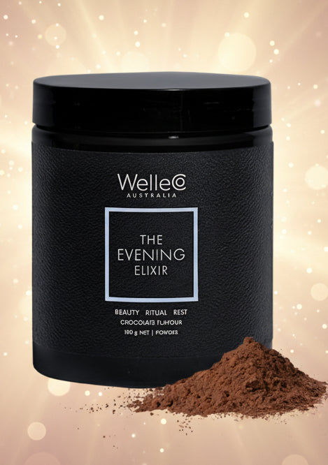 Black container of 'The Evening Elixir' by WelleCo Australia with cocoa powder on a white background
