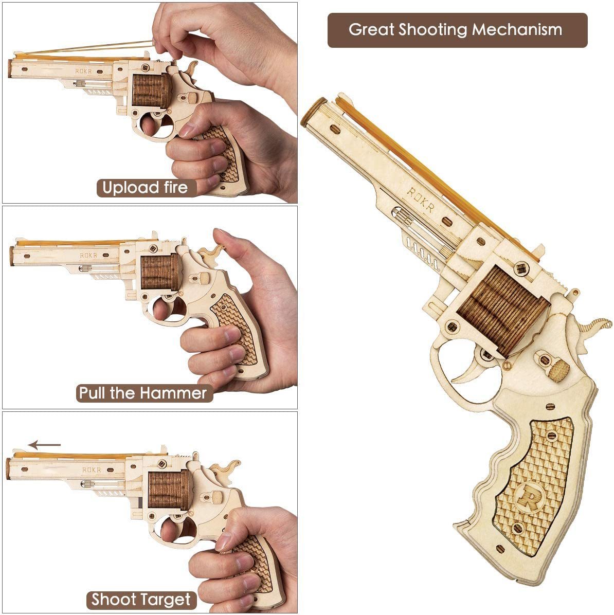 Wooden revolver model with hands demonstrating features on a white background