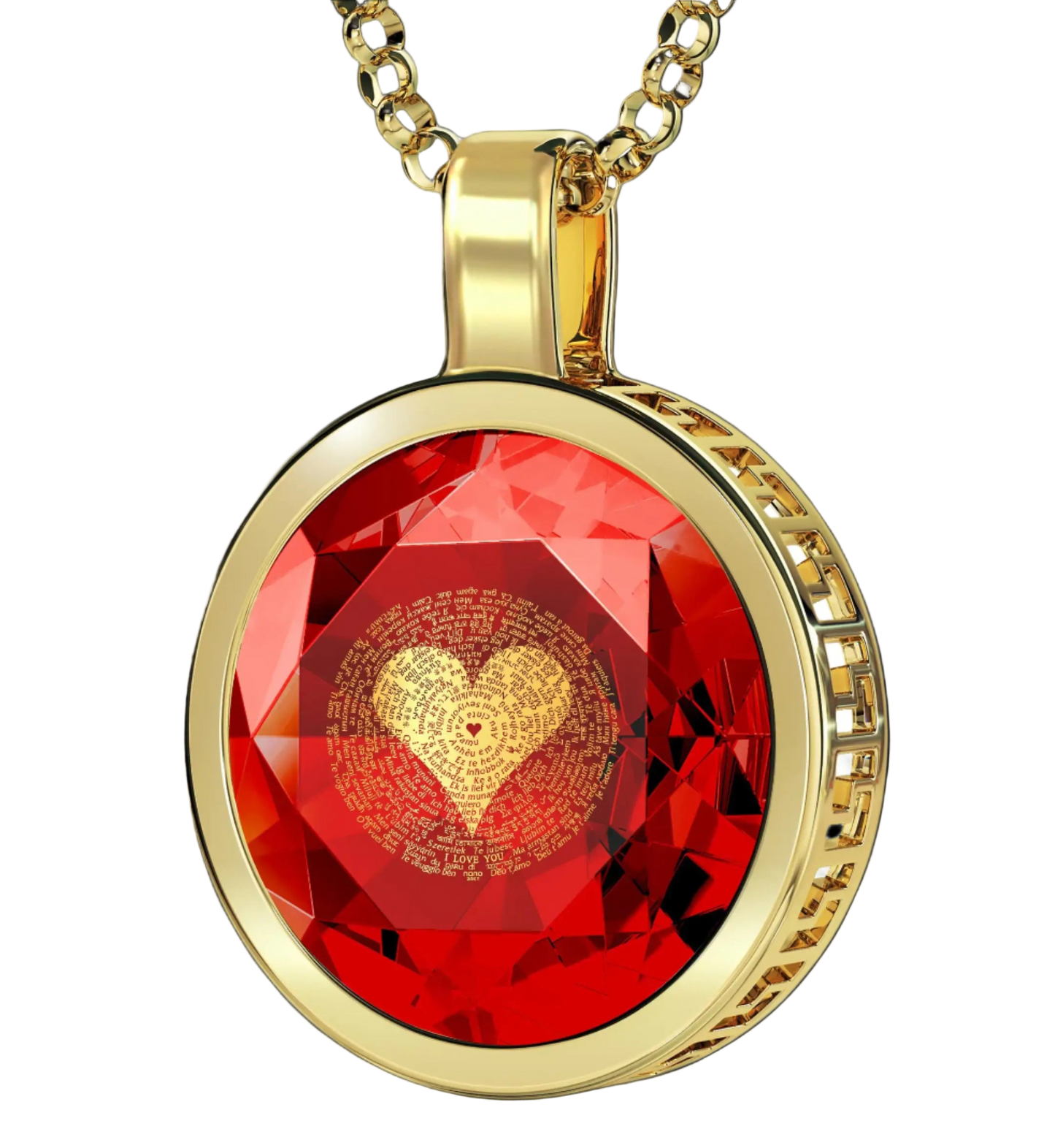 Gold necklace with a red gemstone pendant featuring a heart design on a white background