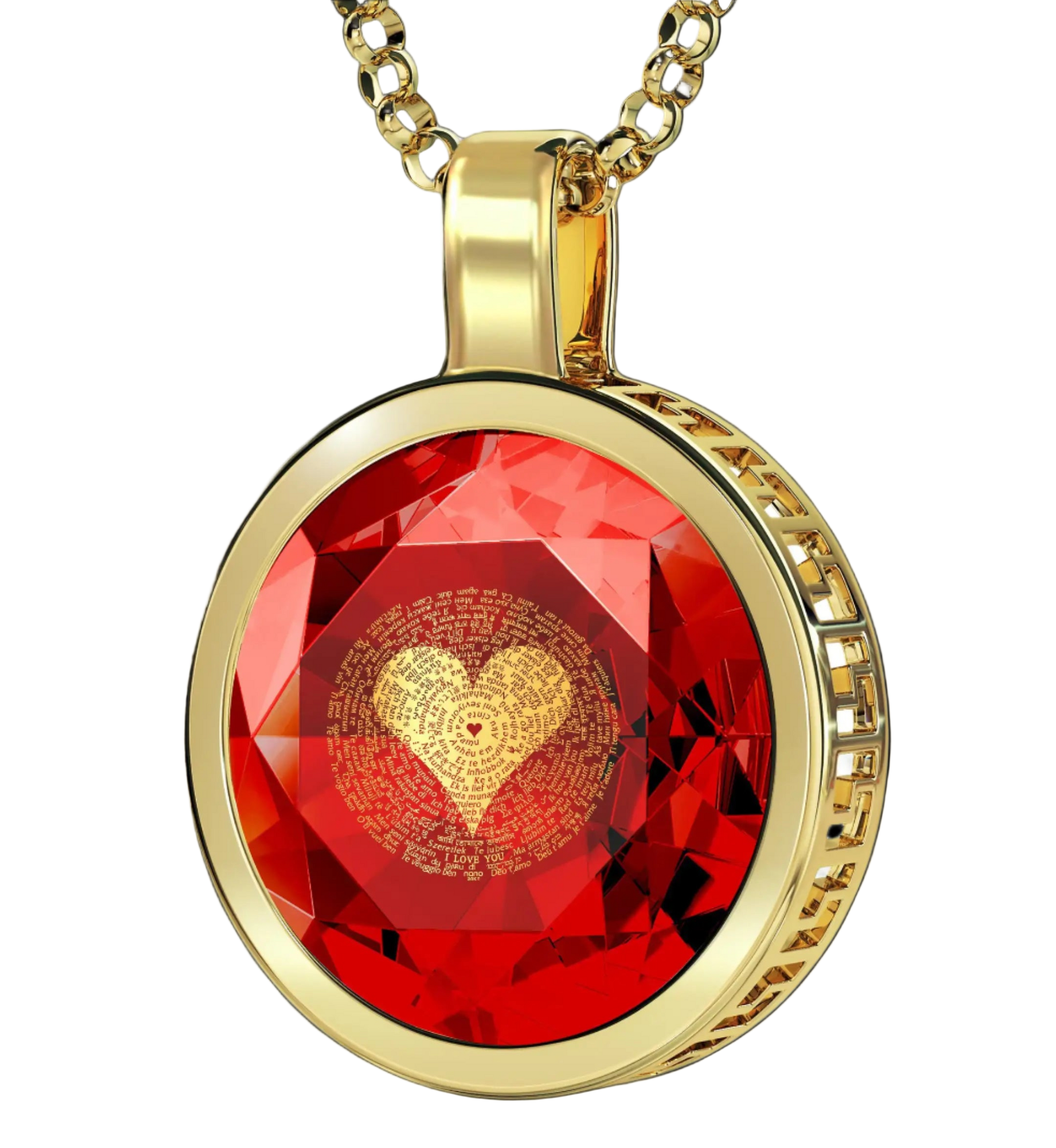 Gold necklace with a red gemstone pendant featuring a heart design on a white background