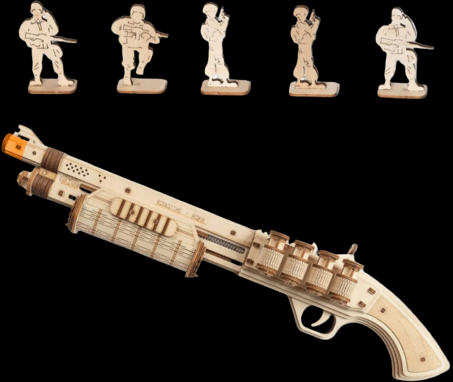 Wooden toy gun with detailed design on a dark background, surrounded by small soldier figures.
