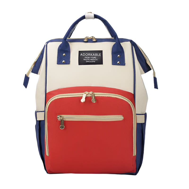 Color-blocked backpack with red, white, and blue sections on a white background