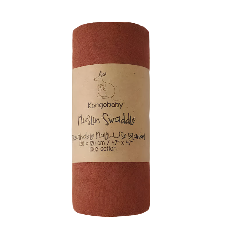 Brown muslin swaddle blanket with a label on a white background
