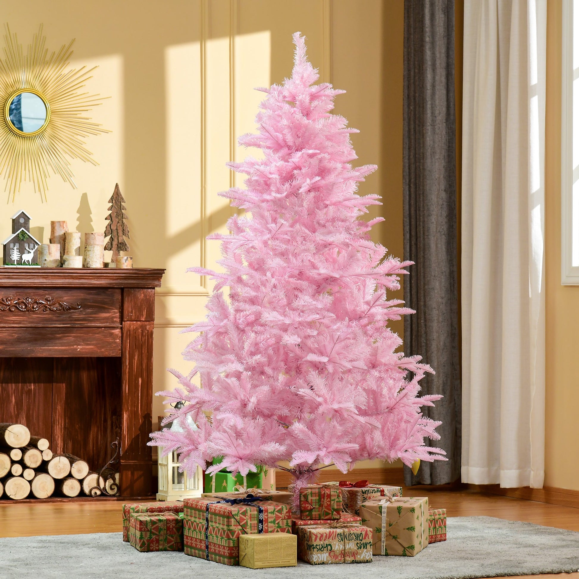 Pink Christmas tree in a living room with presents underneath