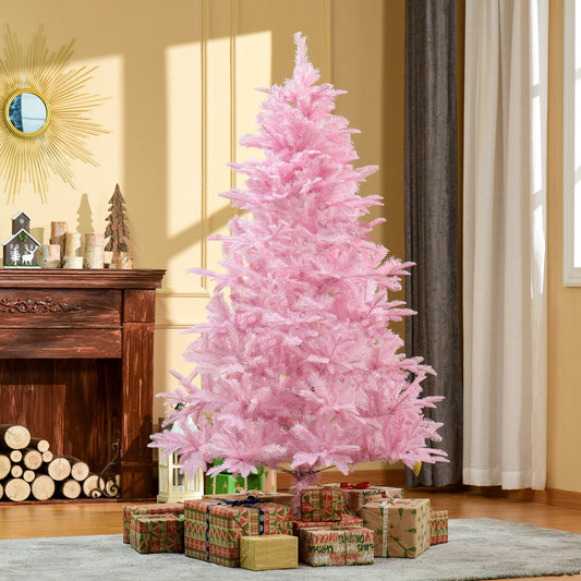 Pink Christmas tree in a living room with presents underneath