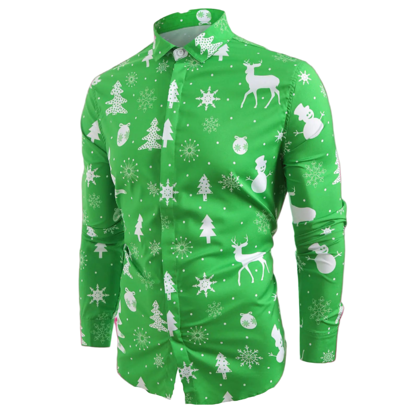 Green shirt with white Christmas-themed patterns on a white background