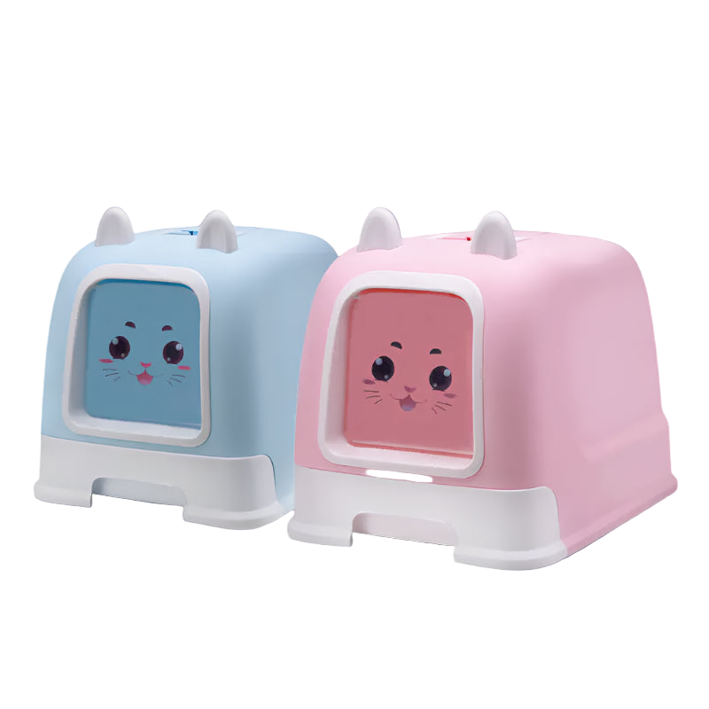 Two cartoon-like containers, one blue and one pink, with cute face designs on a white background.