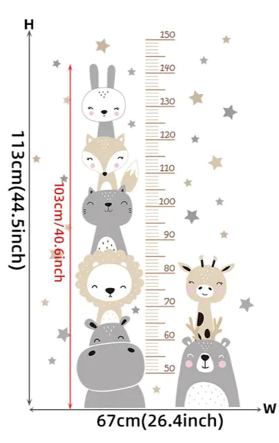 Children's height chart with cartoon animal illustrations on a white background