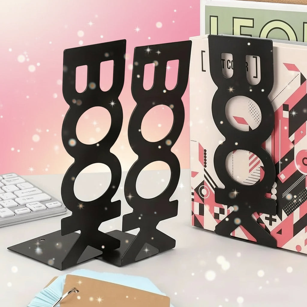 Black metal bookends shaped like books on a desk with a magazine and keyboard in the background.