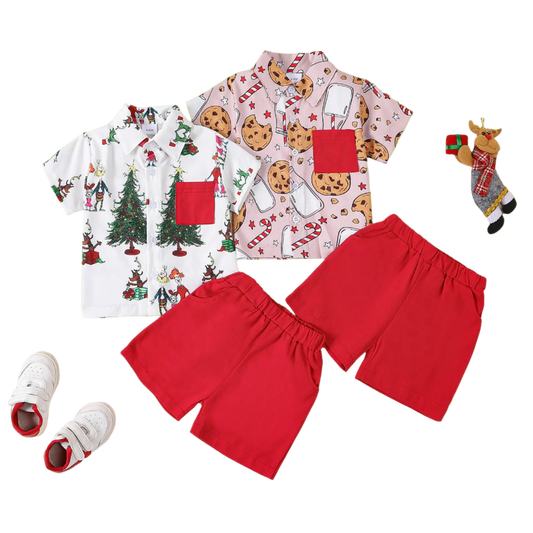 Children's Christmas-themed shirt with tree and reindeer design, red shorts, and white sneakers on a beige background.