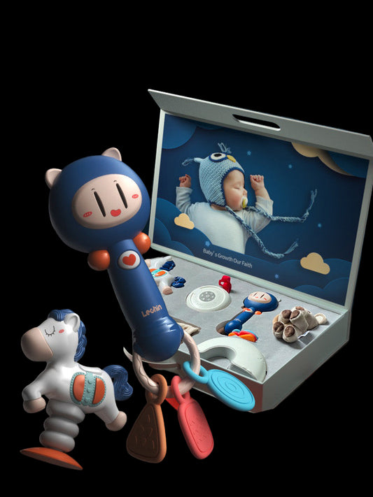 Baby monitor with toys and a nightlight on a crib