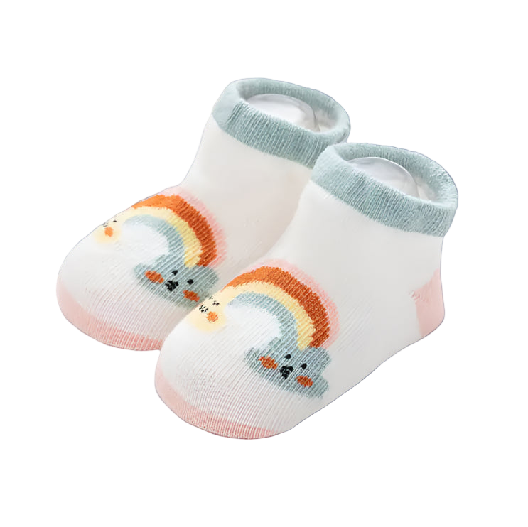Pair of baby socks with rainbow design on a light background